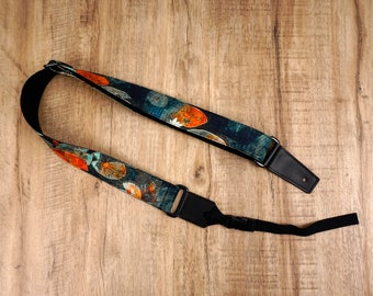 Personalized Ink style lotus ukulele strap with leather ends,