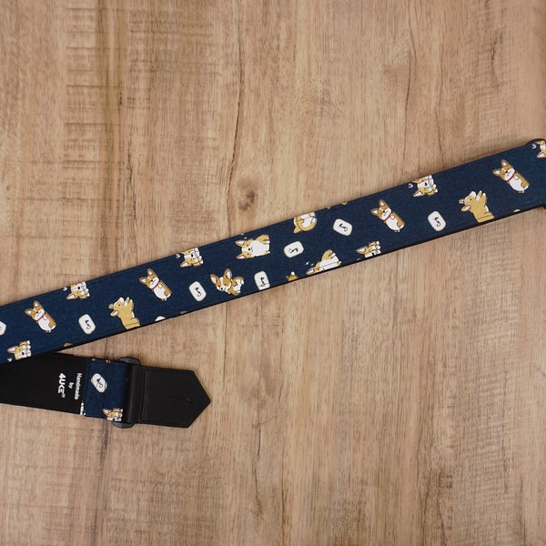 Personalized Corgi dog guitar strap with leather ends, graduation gift