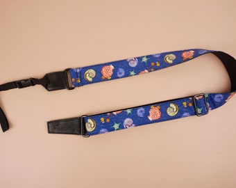 Personalized shell printed ukulele shoulder strap with leather ends,