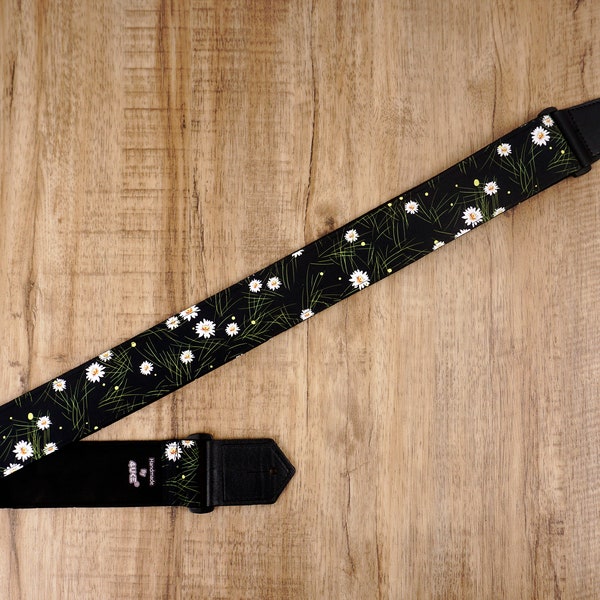 Personalized Daisy flower guitar strap with leather ends for acoustic guitar, electric, and bass guitar, mothers day gift