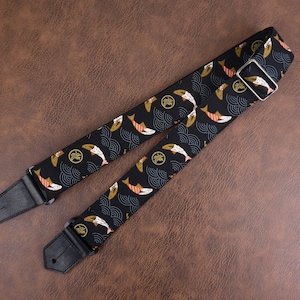 Personalized Jump koi fish guitar strap with leather ends for acoustic guitar, electric, and bass guitar