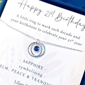 May include: A silver necklace with a blue sapphire gemstone pendant in a circle design. The necklace comes in a box with a card that says "Happy 21st Birthday" and "Sapphire - symbolising Calm, Peace & Tranquility". Lilian Belle Jewellery Sterling Silver.