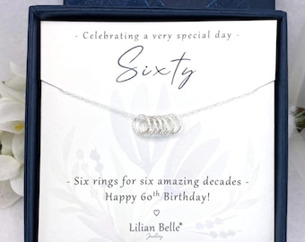 Sterling Silver 6 rings for 6 decades 60th necklace gift for women, 60th birthday gift for her, 60th birthday presents, 60th for friend