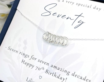 Sterling Silver 7 rings for 7 decades 70th necklace gift for women, 70th birthday gift for her, 70th birthday presents, 70th for friend