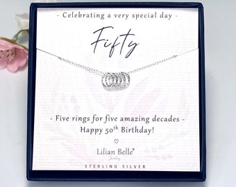 Sterling Silver 5 rings 5 decades 50th birthday necklace gift for women, 50th birthday gift for her, 50th birthday presents, 50 jewellery