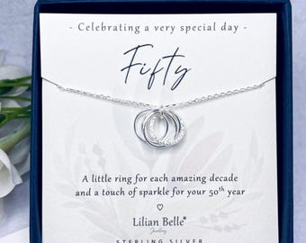 5 Rings 5 Decades Sterling Silver 50th Birthday Jewellery Necklace Gift for Women, 50th Birthday Jewelry Gifts for Her, 50th for Friend Mum