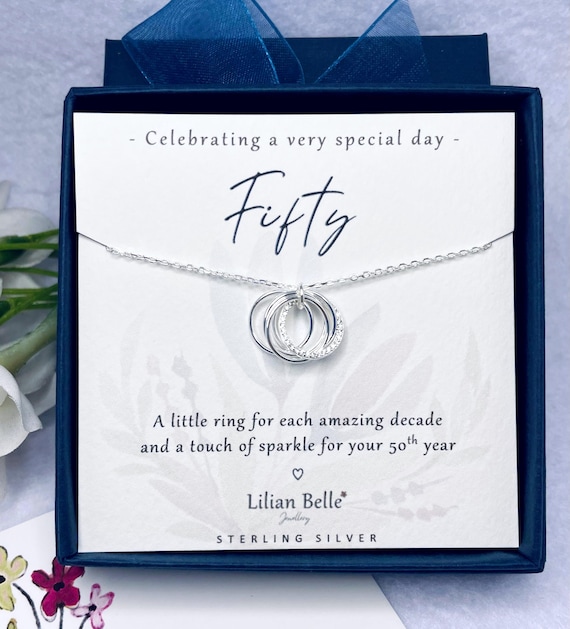 5 Rings 5 Decades Sterling Silver 50th Birthday Jewellery Necklace Gift for Women, 50th Birthday Jewelry Gifts for Her, 50th for Friend Mum