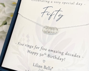 Sterling Silver 5 Ring Necklace, 50th Birthday Gift