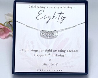 Sterling Silver 8 rings 8 decades 80th necklace gift for women, 80th birthday gift for her, 80th birthday presents, 80 gifts, 80th jewellery