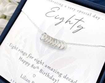 Sterling Silver 8 rings for 8 decades 80th necklace gift for women, 80th birthday gift for her, 80th birthday presents, 80th for friend