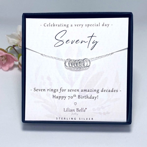 Sterling Silver 7 rings 7 decades 70th necklace jewellery gift for women, 70th birthday gift for her, 70th birthday presents, 70 gifts