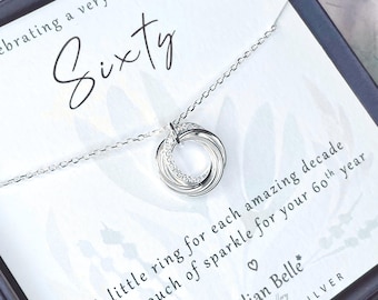 6 Rings 6 Decades Sterling Silver 60th Birthday Jewellery Necklace Gift for Women, 60th Birthday Jewelry Gifts for Her, 60th for Friend Mum