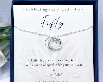 5 Rings 5 Decades Sterling Silver 50th Birthday Jewellery Necklace Gift for Women, 50th Birthday Jewelry Gifts for Her, 50th for Friend Mum