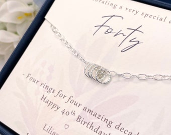 Sterling Silver 4 rings for 4 decades bracelet gift, 40th birthday gift for her, 40th birthday present for Women, 40th gifts for woman