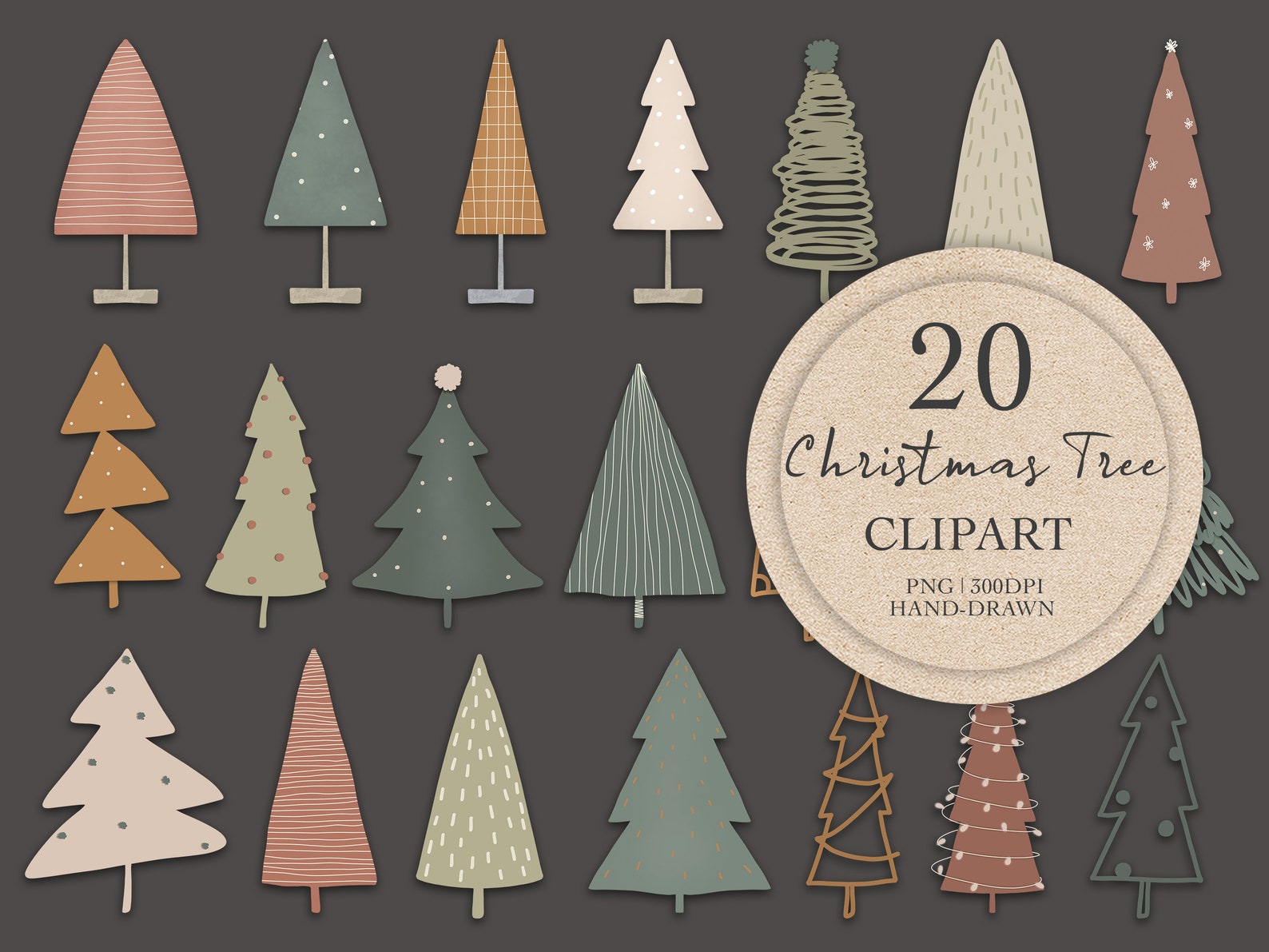 Boho Christmas Tree Clipart Pack - 20 Clipart Elements Christmas Trees ...