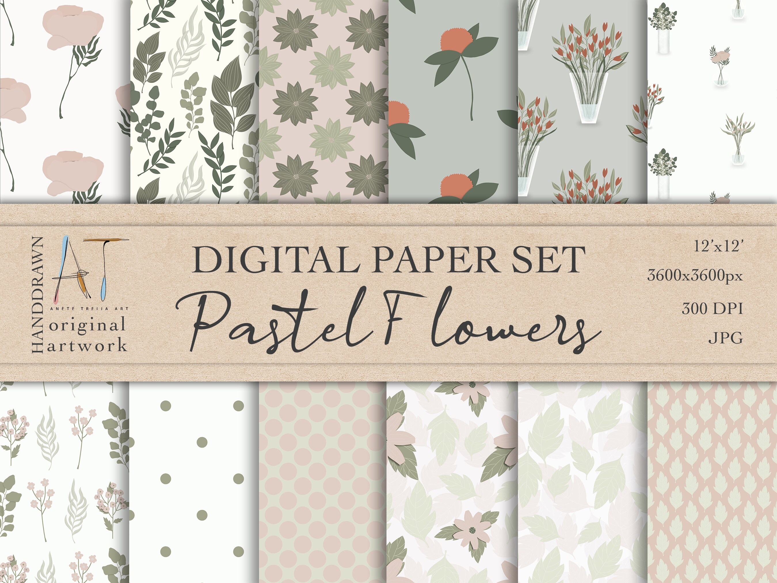 Blush Pink and Green Seamless Digital Paper, Hand Drawn Scales