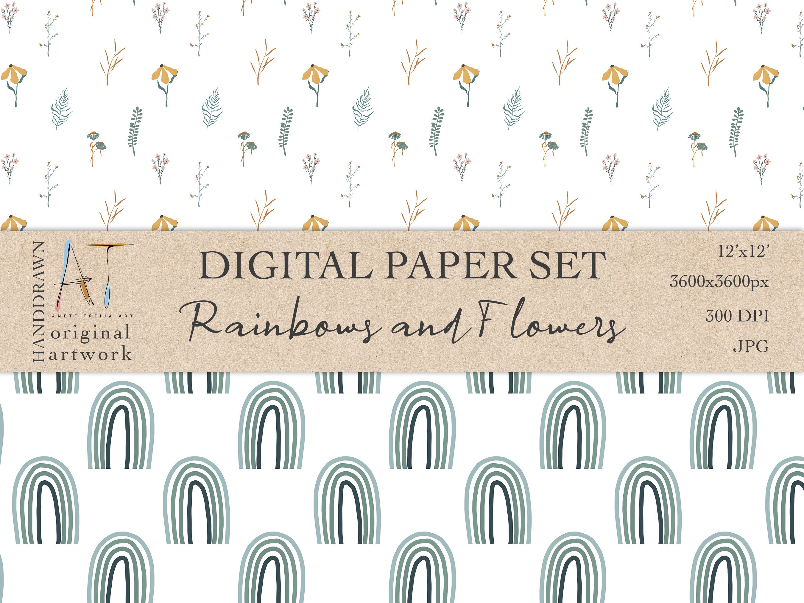 Rainbows and Flowers Digital Paper Set Floral Digital Patterns Rainbows ...