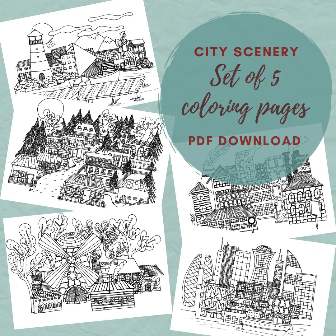 City, Buildings Coloring Sheets, Printable Coloring Pages, Set of 5 ...