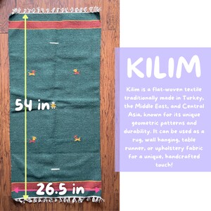 May include: A green kilim rug with a geometric pattern and a red and yellow border. The rug measures 54 inches by 26.5 inches.