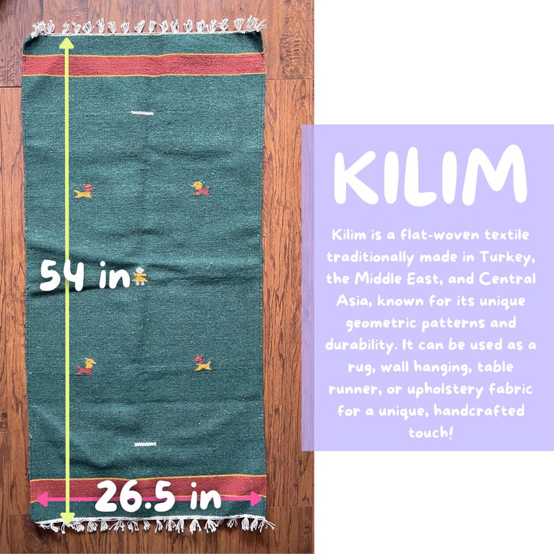 May include: A green kilim rug with a geometric pattern and a red and yellow border. The rug measures 54 inches by 26.5 inches.