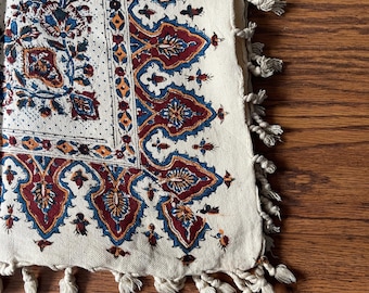 Handmade Wool Block Print Scarf | 38"x38" Traditional Textile | Vintage Souk Find | Boho Tablecloth or Wall Hanging