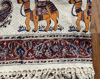Camel & Paisley Handmade Block Print Wool Textile | 38” x 38” (97 cm x 97 cm) | Boho Tapestry | Tablecloth, Scarf, Wall Hanging, or Shawl