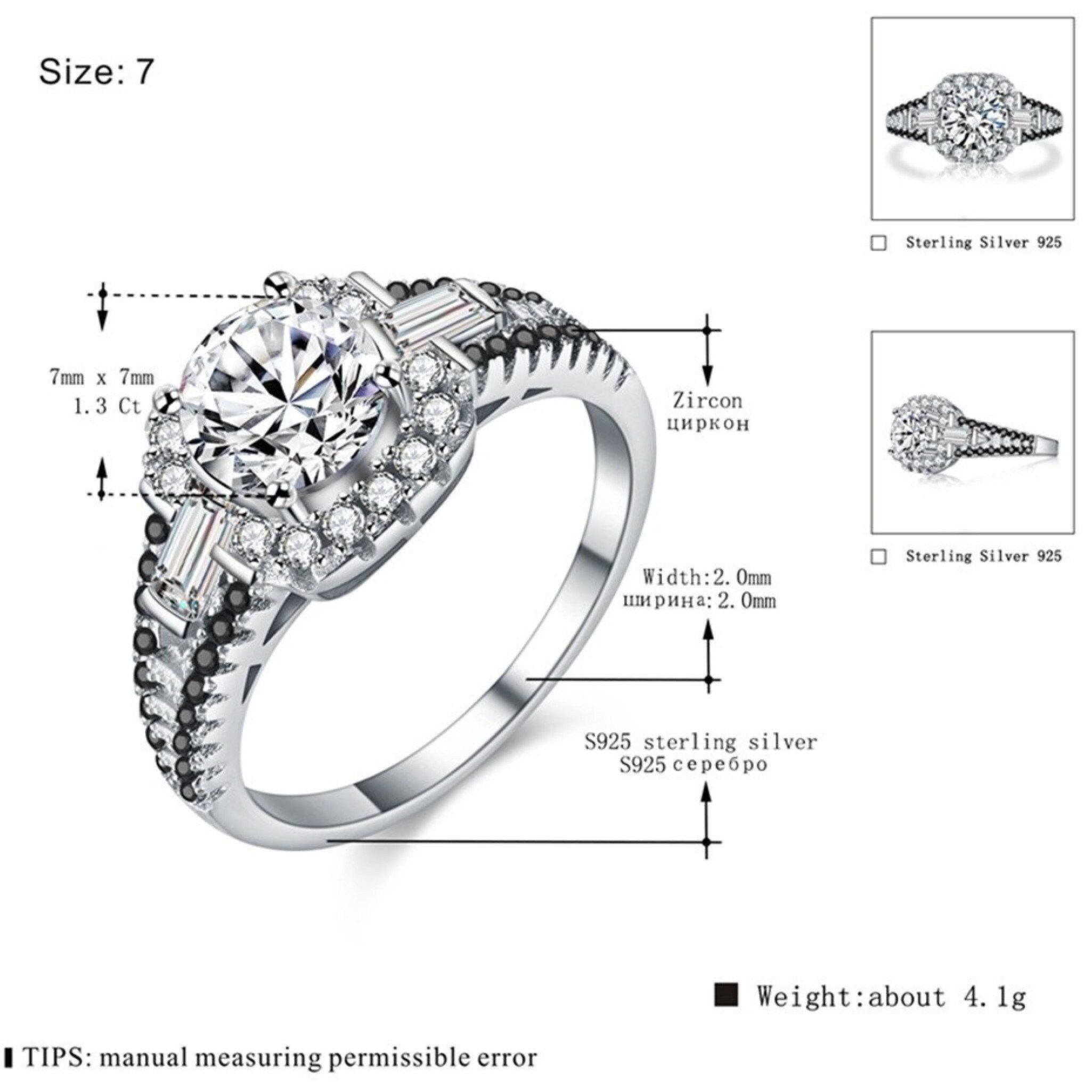 Sterling Silver Gemstone Ring, 1.3ct Zirconia Ring, Black Stone ...