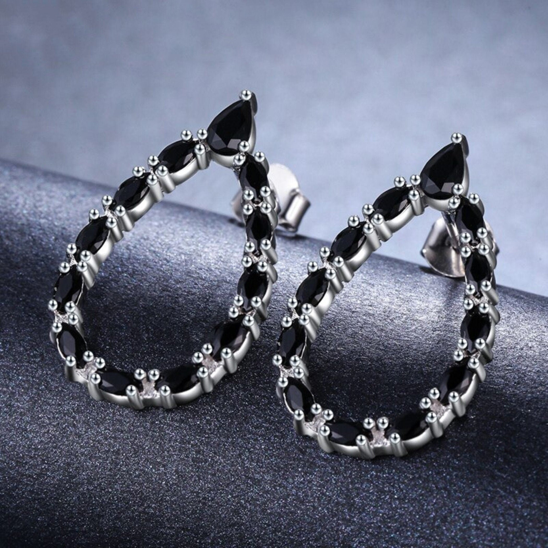 Silver Cute Black Earrings Dainty Drop Earrings Spinel Stud Etsy