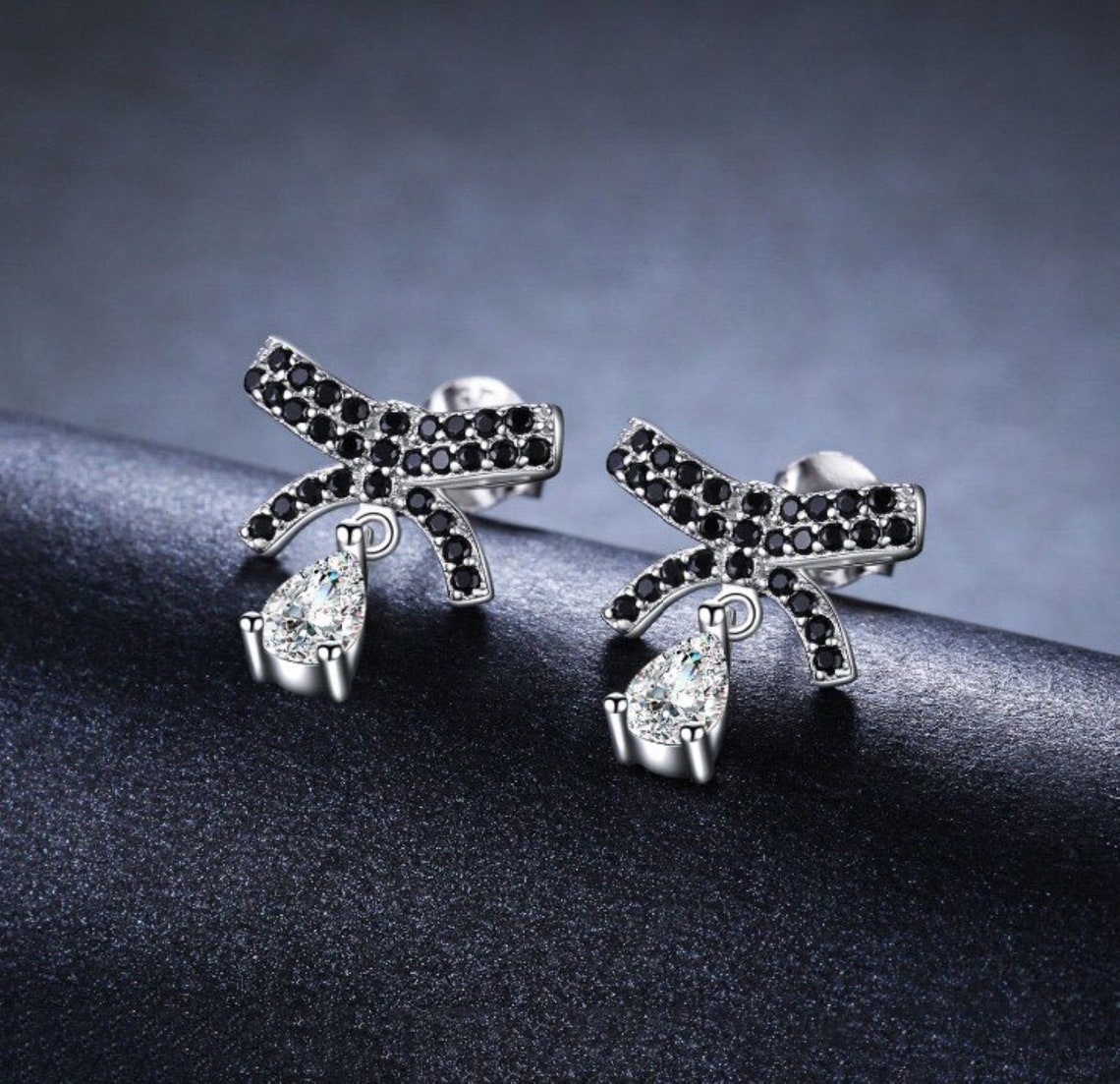 Silver Cute Black Earrings Flower Teardrop Earrings Spinel Etsy UK