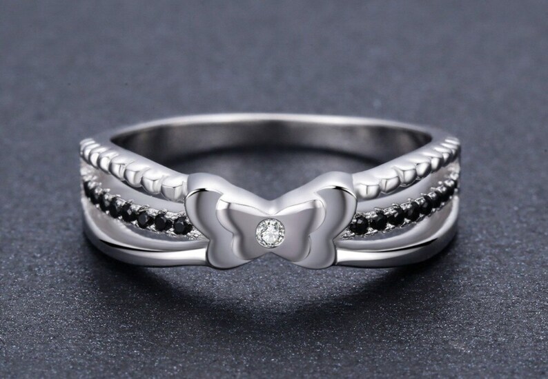 Zircon Engagement Ring Sterling Silver Butterfly Ring Genuine 925 Sterling Silver Rings Black Spinel Promise Ring Gemstone Insect Ring