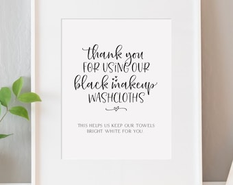Makeup Washcloths, Printable Sign, Airbnb Sign, Airbnb Host Sign, bathroom sign, black washcloths, Airbnb Signs, vacation rental, VRBO