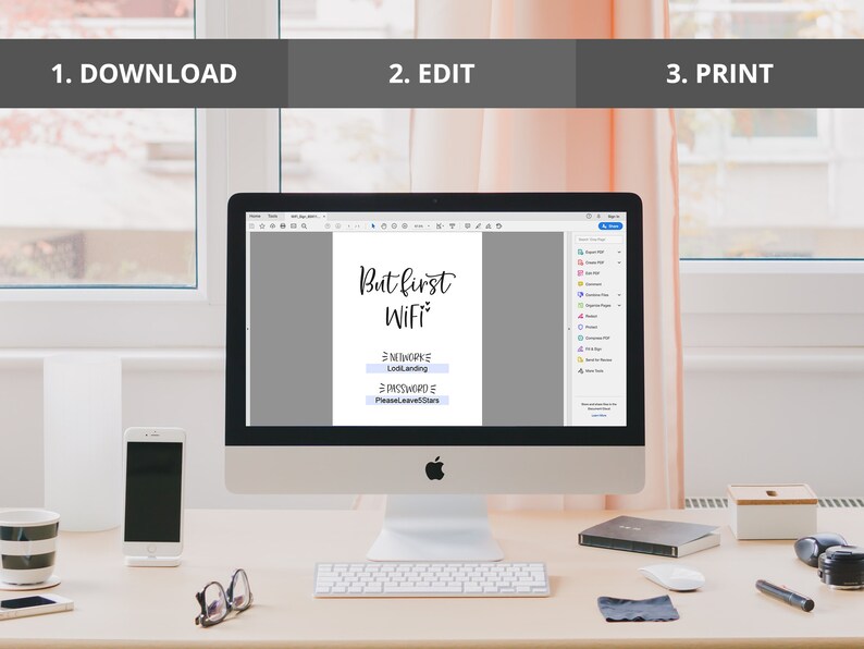May include: A computer screen displaying a printable sign that says "But first, Wifi" with fields for network name and password. The sign is designed for a home or business.