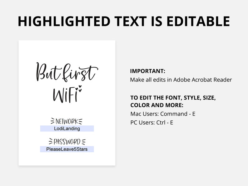 May include: A printable sign with the text "But first WiFi" and editable fields for network name and password. The text "LodiLanding" is in the network field and "PleaseLeave5Stars" is in the password field. The sign is designed to be edited in Adobe Acrobat Reader.