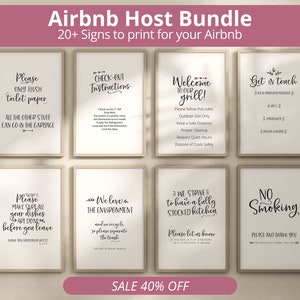 May include: A set of printable signs for Airbnb hosts. The signs feature black text on a white background and include phrases like "Please only flush toilet paper", "Check-out instructions", "Welcome to our grill", "Get in touch", "We love the environment", "We strive to have a fully stocked kitchen", "Please let us know", and "No smoking".