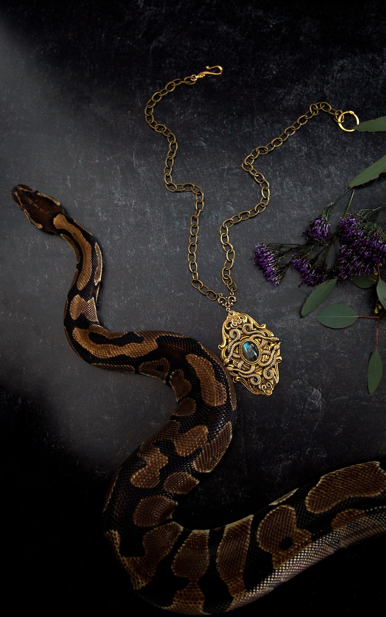 May include: A gold-toned pendant necklace with an ornate design and a blue-green stone is displayed. A brown and black snake is coiled around the necklace. Purple flowers and greenery are in the background. The necklace has a chain.