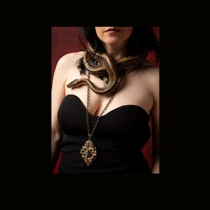 May include: A woman wearing a black strapless dress with a long, ornate pendant necklace. A brown and tan snake is draped around the neck and shoulders. The background is a dark red.