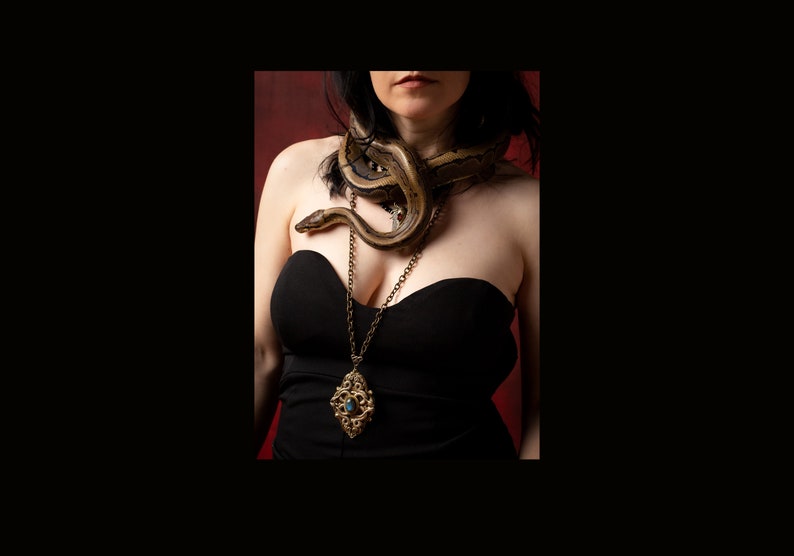 May include: A woman wearing a black strapless dress with a long, ornate pendant necklace. A brown and tan snake is draped around the neck and shoulders. The background is a dark red.