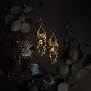 May include: A pair of gold earrings with a star and moon design. The earrings feature a large, faceted gemstone in the centre of each dangle. The earrings are surrounded by dried flowers and leaves.