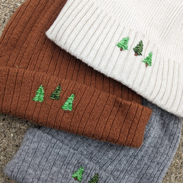 Beanie Hand Embroidered with Pine Trees