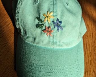 Minty Blue Baseball Trucker Hat Hand Embroidered with Flowers