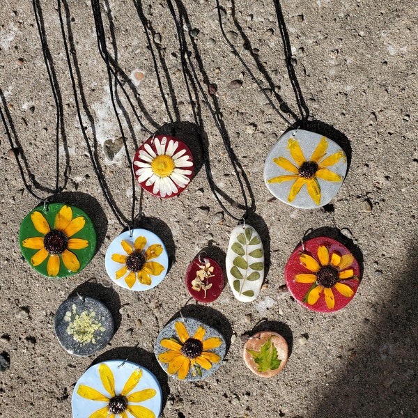 Pressed Flower & Four Leaf Clover Polymer Clay Adjustable Cord Necklaces