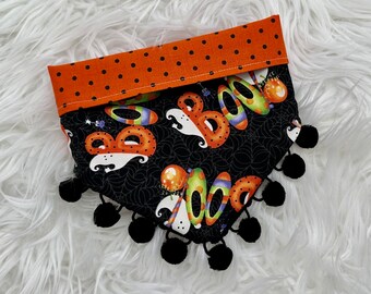 Snap on...REVERSIBLE Halloween BOO Dog Bandana with OPTIONAL pom trim
