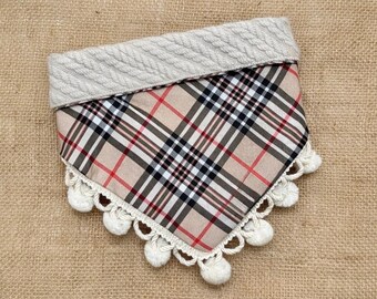 Snap On...REVERSIBLE  Plaid SWEATER Dog Bandana with OPTIONAL pom trim