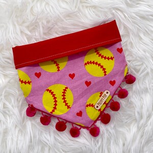 Snap On...REVERSIBLE Red And Pink Softball Dog Bandana... with OPTIONAL pom trim