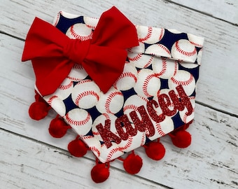 Snap On...Baseball Dog Bandana...optional pom trim…name included