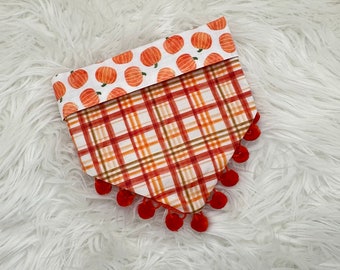 Snap on...REVERSIBLE Fall Plaid and Pumpkins Dog Bandana with OPTIONAL pom trim