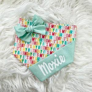 Snap On...REVERSIBLE It’s My Birthday Dog Bandana in Mint….Name is INCLUDED