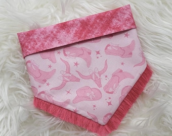 Snap On...Reversible FUCHSIA Pink Cowgirl boots Dog Bandana...optional pom trim