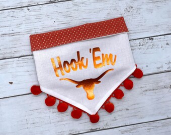 Snap On...REVERSIBLE Metallic FOIL Texas Longhorn Dog bandana...optional pom trim