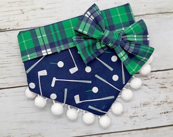 Snap On...REVERSIBLE Golf plaid Dog Bandana...optional pom trim